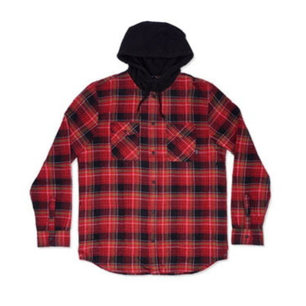 Vans Boys Parkway II Red Black Plaid Hooded Flannel Shirt